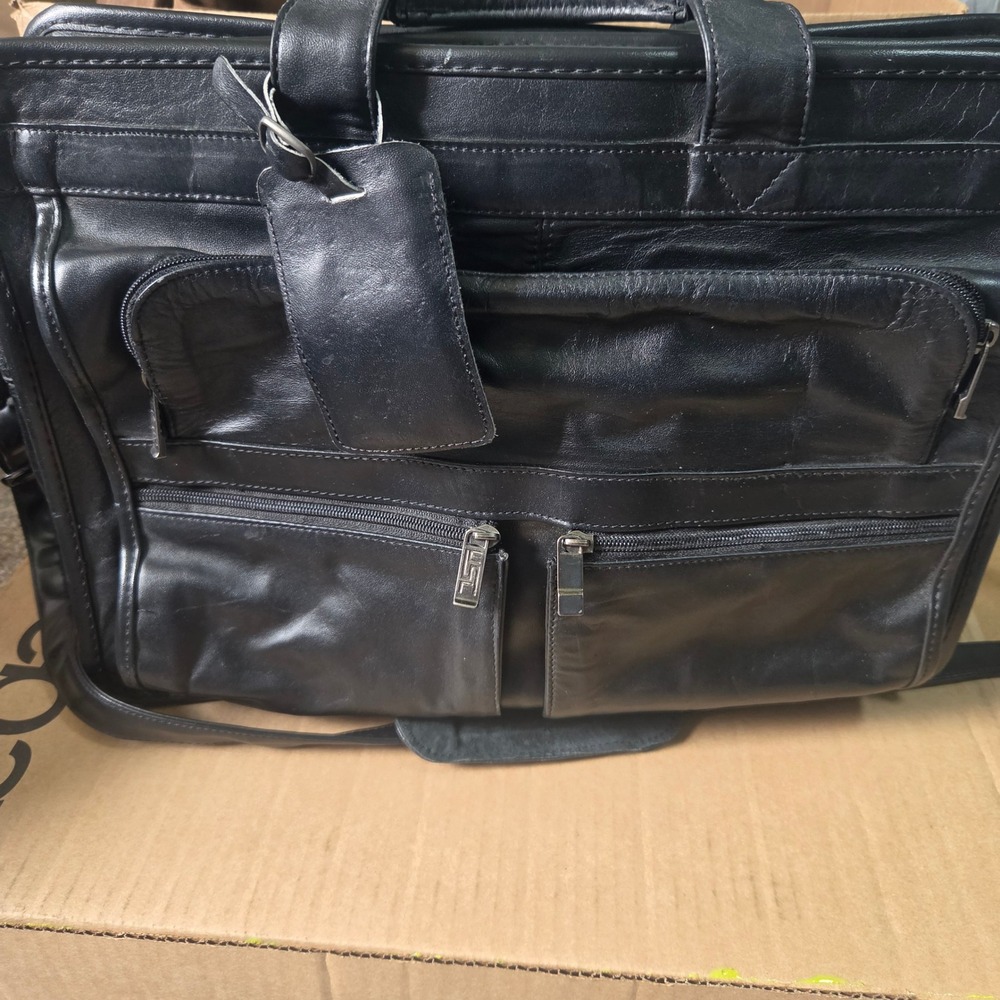 USL Black Leather Briefcase Laptop Multi-Pocket Mess. Shoulder Bag‎ 030918741344